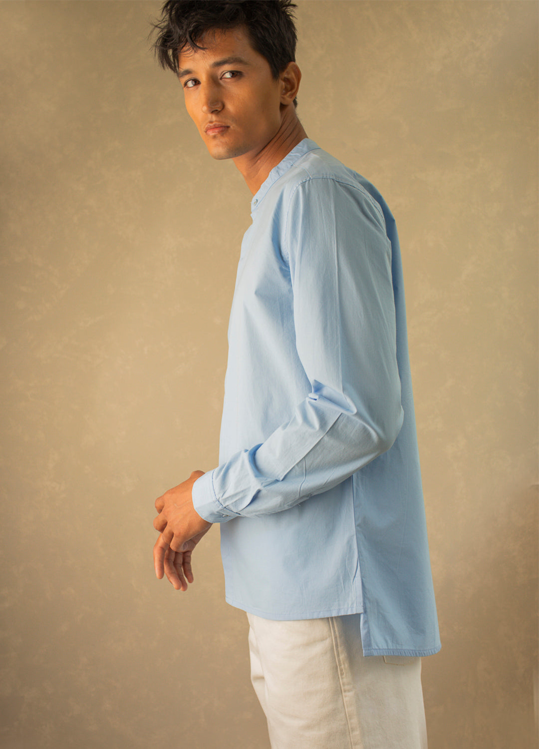 Contrast Detail Mandarin Shirt